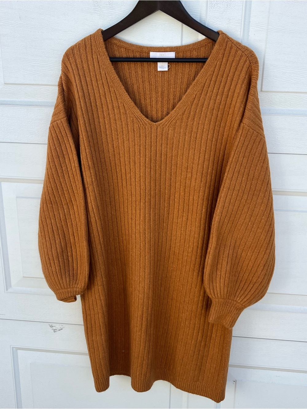 Rachel Parcell Camel Knit Long puff sleeves wool blend sweater dress L